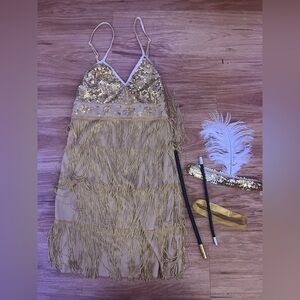 Flapper Gals- Gold Sequin Fringe Dress with Accessories
